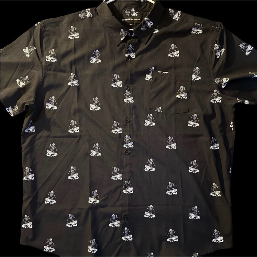 Black Skeleton Surfer Bamboo Style Button Down Men's 3XL Shirt​ - Picture 2 of 7